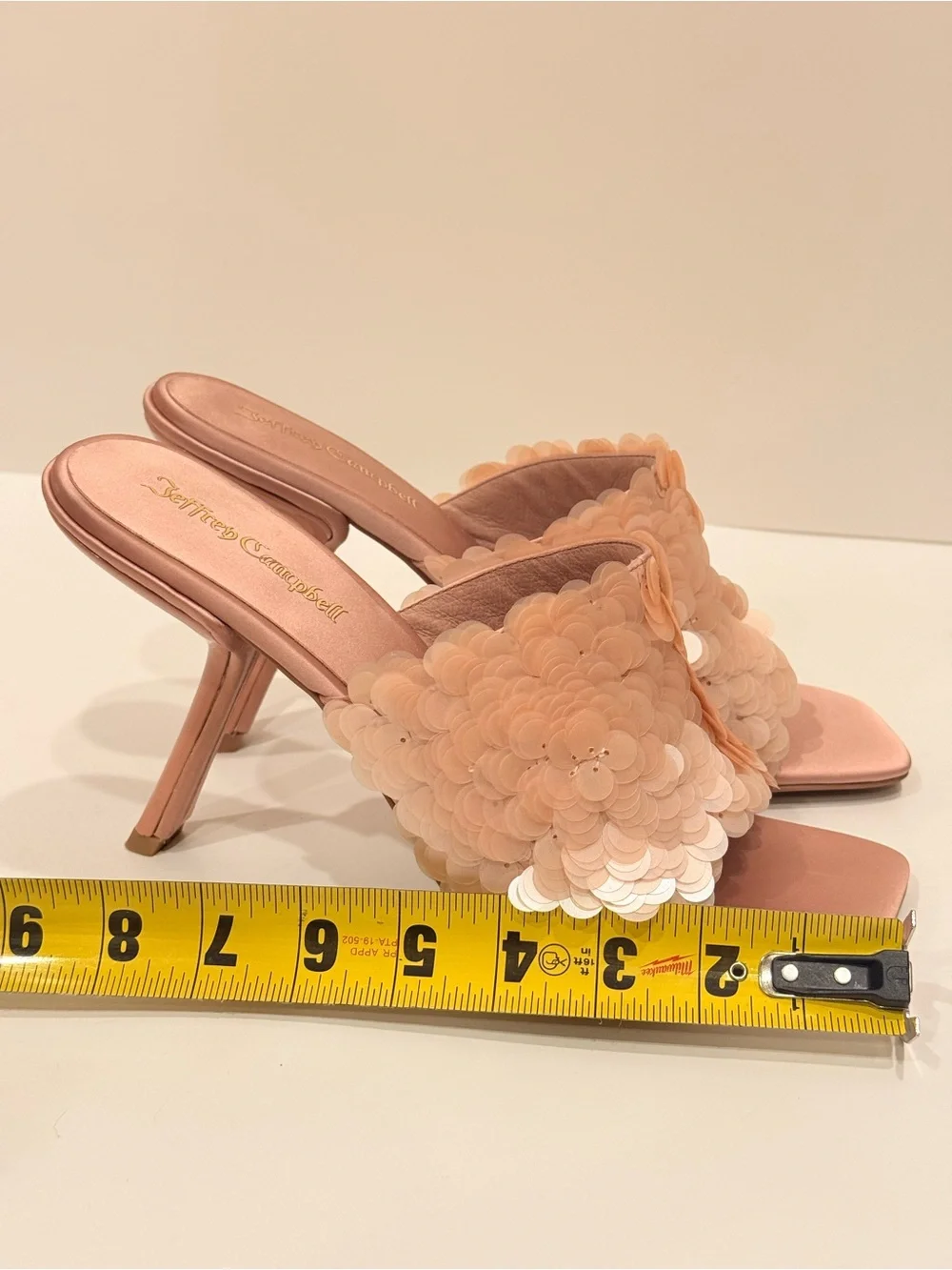 NWOB Jeffrey Campbell Rose Gold Sequin Blush Satin Slide Heels Size 10 Sample - Picture 9 of 14